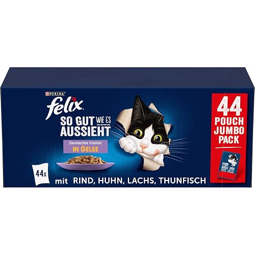 FELIX As good as it looks, cat food wet in jelly, varieties mix, large pack of 44 (44 x 85 g)