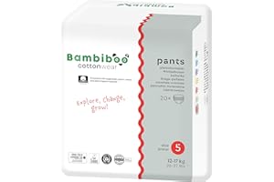 Bambiboo Pieluchy dla niemowląt, rozmiar 5 (od 12 kg) COTTONWEAR Majtki z bawełny organicznej i substancji roślinnych ze wskaźnikiem wilgotności oddychające - 20 szt.