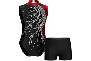 Oyolan Enfant Fille Justaucorps Gymnastique Strass Imprimé avec Short Gym Danse Patinage Entraînement Performance Costume Spectacle 5-16 Ans