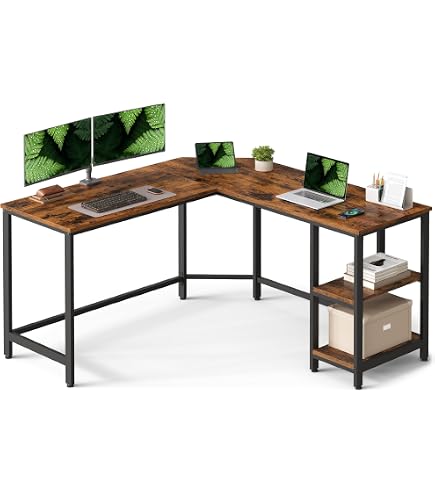 Großer L-Förmiger Gaming-Schreibtisch – 167x120 Cm, Verstellbar, Mit CPU-Ständer & Haken, Vintage Braun
