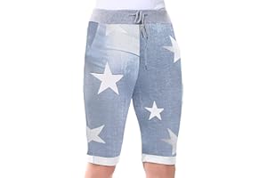 Love My Fashions® Women's Italian Shorts Ladies Summer Cotton Turn-Up 3/4 Cropped Printed Trousers Elasticated Drawstring Knee-Length Denim Magic Shorts