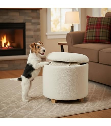 OHS Round Ottoman Storage Matt Velvet, Grey Ottoman With Lid Storage - View #6