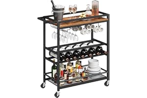 MAHANCRIS Bar Cart, 3-Tier Drinks Trolley on Wheels, Kitchen Serving Trolleys with Wine Rack, Rolling Beverage Cart with Shelves and Handle, for Living Room, Pub, Party, Rustic Brown ARCHR11801