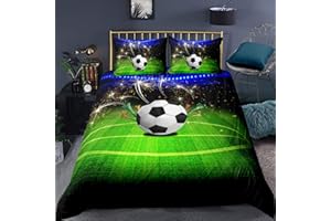 Loussiesd Kinder Kids Betten Set Fußball-Motiv 3D Print Bettwäsche Set Weiche Atmungsaktive Microfaser Grün & Blau Bettbezug mit 1 Kissenbezug 2 teilig 135x200 cm + 80x80 cm Jungen Sport