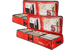 NIHUIFDPY Christmas Wrapping Paper Storage Bag with Interior Pockets and Reinforced Handles, Large Fabric Gift Wrap Organizer Storage, Tear-Proof Xmas Gift Wrap Organiser for Bows, Tags & Ribbons(2PCS)
