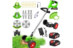 FISIYINDZ DéBroussailleuse à Electrique sans Fil 21V 2.0Ah Coupe Bordure sans Fil avec 2 Batterie et Chargeur Rapide Taille Bordure avec Roues Trois Types De Lames,légères et à Faible Bruit,pour Jardin Élagage