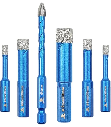 GlasFlength Set Punte Trapano Diamantate, 5 Pezzi 5/6/8/10/12mm +1 Pezzi 6mm Trapano Punte Diamantate Carburo Brasate Sottovuoto Per Granito, Marmo, Muratura, Cemento, Piastrelle, Ceramica, Vetro