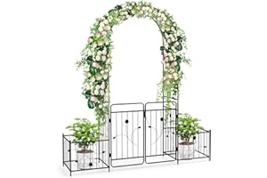HOMASIS Arche ronde de roses en métal avec porte et 2 pots latéraux, treillis décoratif pour plantes grimpantes, 202 x 50 x 220 cm, noir