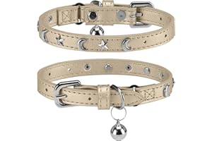 DILLYBUD Lederhalsband für Katzen mit Glöckchen und Sicherheits-Elastikeinsatz – Personalisierbar mit Stern- und Mond-Studs, verstellbare Sicherheitsverschluss-Halsbänder für kleine und große Katzen