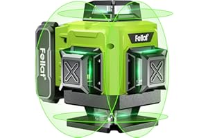 Niveau Laser, FELLAT Niveau Laser Vert 4x360°, Autonivelant Niveau Laser 4D 16 Lignes avec 2 x Batteries Rechargeables 4800 mAh, Télécommande, Support Rotatif et Base de Levage