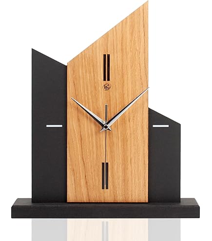 Kreative Feder Designer-STANKLOCK Triangle van massief hout – analoog tafelhorloge zonder tikkende geluiden (stil radiogestuurde uurwerk, eiken