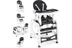 GOPLUS Wysokie krzesełko dziecięce 4 w 1, z funkcją huśtawki, wysokie krzesło dziecięce z regulowanym oparciem i zdejmowaną tacą i uniwersalnymi kółkami, 5-punktowy pas bezpieczeństwa (czarny)