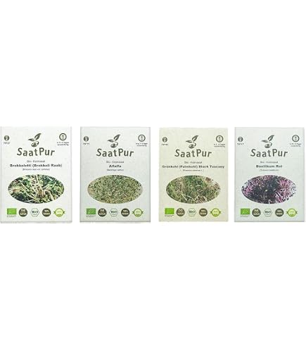 SaatPur Biologische Spruitenzaden Set Van 8 – Hoge Kiemkracht, Alfalfa, Mungboon, Radijs, Tarwe, Daikon, Tuinkers, Broccoli, Rucola, Graspapier Verpakt