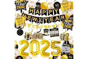 HEYIDAMAI Silvester Deko 2025, New Year Decoration Set, Happy New Year Deko Banner, Schwarz Gold Luftballons Deko Silvester Party Set, Folienballons, Spiral decoration, Konfetti Ballons und Zahlen Ballons.