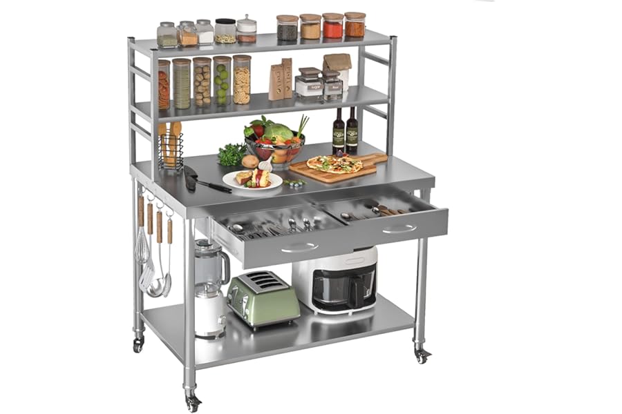 YODOLLA Stainless Steel Rolling Work Table with 2 Drawers & Undershelf, Heavy Duty Commercial Food Prep Table for Restaurant Home Garage - 122x61x138cm