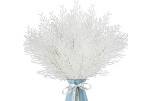 KUNJOCY 12 Pcs Christmas Glitter Leaves, 35 CM Christmas Tree Picks Artificial Twigs Branches Artificial Christmas Glitter Fern Leaf for DIY Xmas Tree Wreath Wedding Garland Decorations (White)