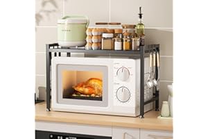 Fiambrera 2-stufiges Erweiterbares Mikrowellen Regal, Küchenregal Stehend Ausziehbar von 40-65cm, Küchen Organizer mit 6 Haken, Mikrowellenregal, Küchenregal für Arbeitsplatte (Schwarz)