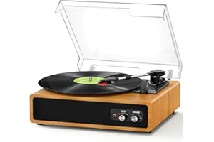 Platine Vinyle, FYDEE Tourne-Disque Vinyle Bluetooth avec Émetteur pour Enceintes, Portable avec 3 Vitesses 33/45/78 TR/Min, 2 Haut-parleurs Intégrés, Sortie RCA, Entrée AUX - Marron Clair