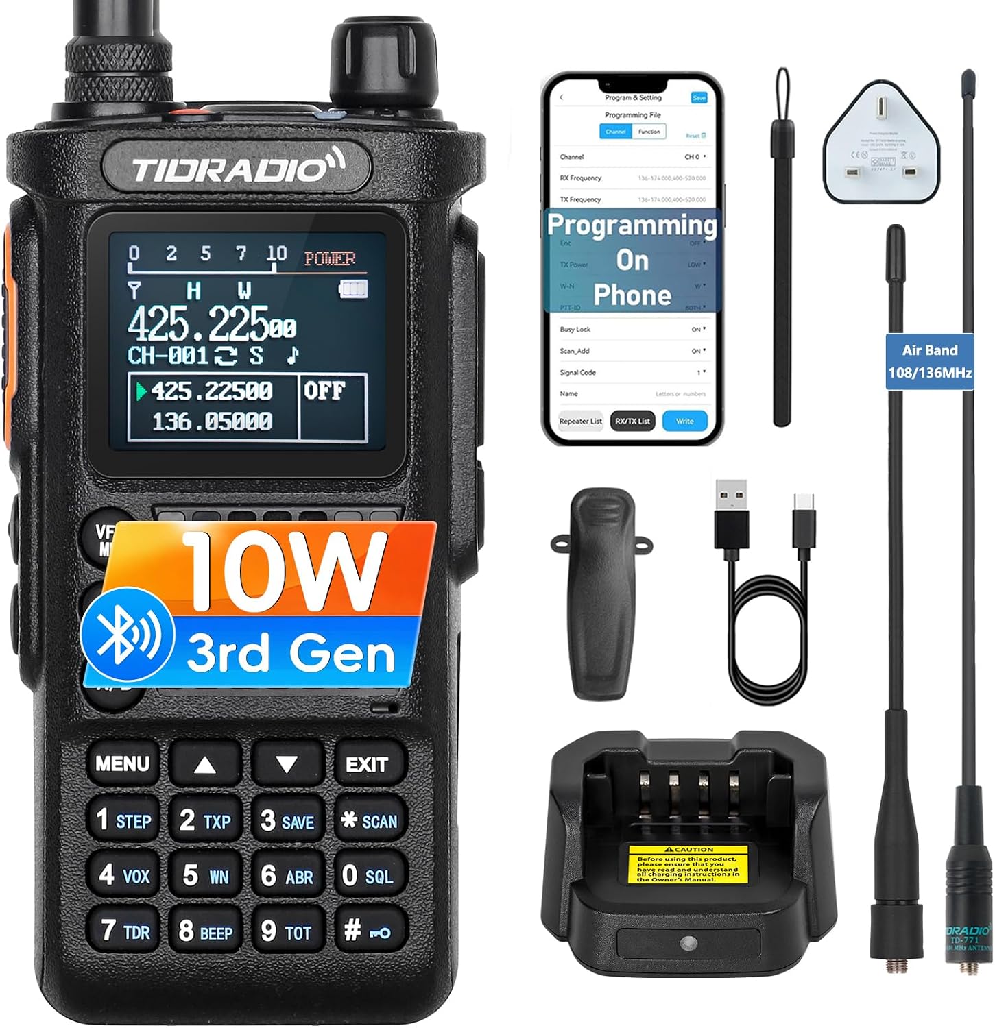 TIDRADIO TD-H8 10W Ham Radio APP/Web Bluetooth Programming, 8-Band, Freq Copy, DTMF, NOAA Weather, 2500mAh Rechargeable, Airband Two Way Radio, Radio Communication for Emergency Hiking Camping-1Pack