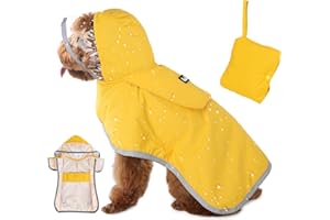 Eyein Wasserdichter Hunderegenmantel, Regenmantel für Kleiner Hunde mit Kapuze und weichem Futter, Verstellbare Hunderegenjacke mit reflektierenden Streifen, Winddicht und leicht, Gelb, S