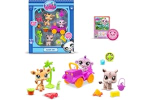BANDAI Littlest Pet Shop, Pack de Juego Safari, Incluye 3 Mascotas, 3 Accesorios, 1 Tarjeta de coleccionista, 1 código Virtual, Cabezas Móviles, 1 Coche, Gen 7 (#53,#54, #55), BF00524 Multicolor