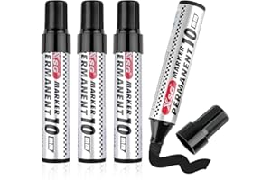 Deepton Permanentmarker Schwarz, Permanent Marker, 3-10 mm Keil-Spitze Wasserfest, Wischfest, Farbecht Schnell-Trocknend für Glas, Kunststoff, Metall, Holz