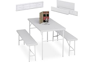 Relaxdays Ensemble Table Pliante et 2 bancs, pour Jardin, pavillon ou Camping, 120 cm, Aspect rotin, Blanc