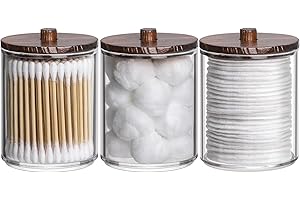 Tbestmax 10 Oz Cotton Swab/Ball/Pad Holder, Qtip Apothecary Jar, Clear Bathroom Containers Dispenser for Storage 3 Pack Brown Wood Lids