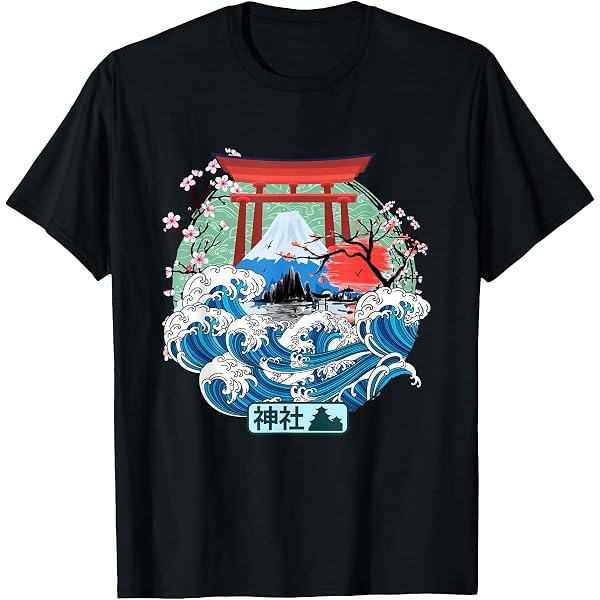 Neverless Maglietta Uomo Con Stampa Posteriore 'Kanagawa' - Giappone, Onda, Streetwear - Cotone 100%, Vestibilità Slim/Comfort