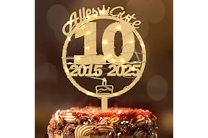 Tortendeko 10 Geburtstag Mädchen Junge, Seutgjie 10. Geburtstag Jubiläum Hochzeitstag Rosenhochzeit Deko Cake Topper Holz mit LED Lichterkette 2015 bis 2025 Kuchen Deko