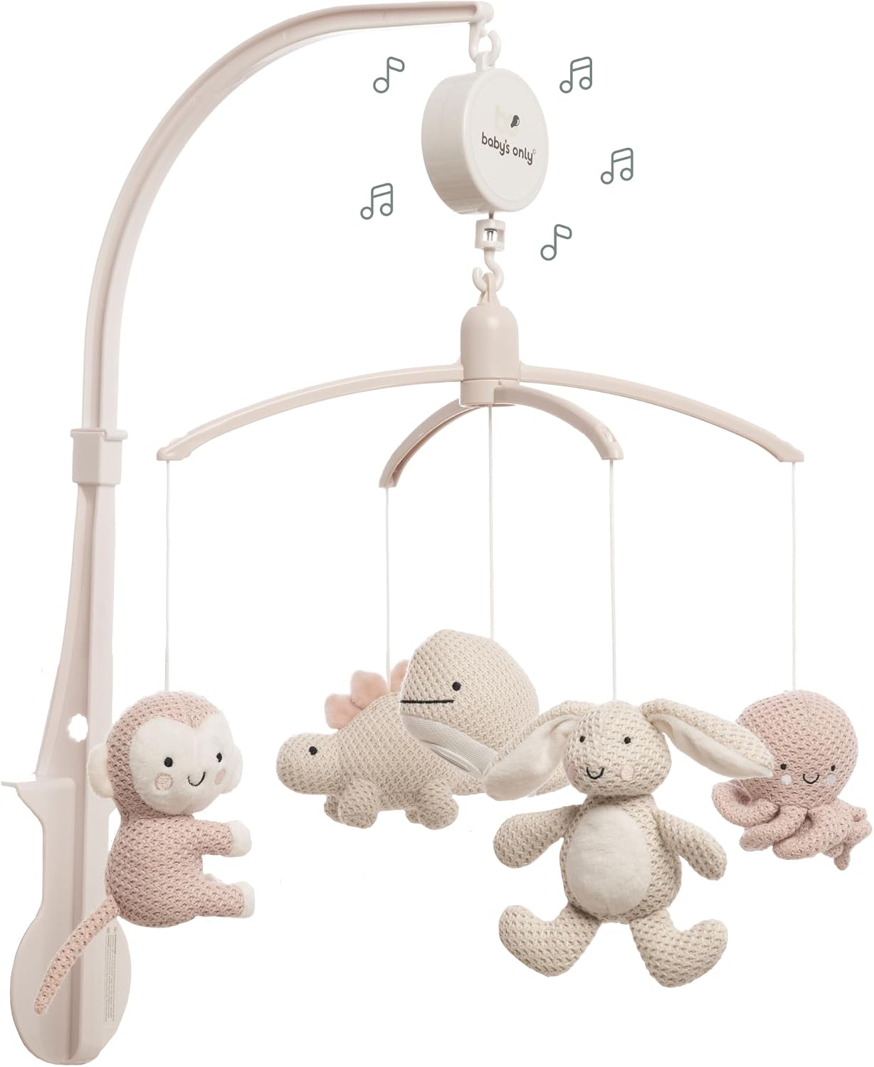 Baby's Only - Móvil Musical Baby Animals - Con figuras tejidas - Caja de música para bebés con melodías - Móvil para bebés con música - Para Niños y Niñas - Rosa Viejo/Warm Linen