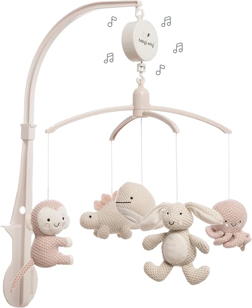 Baby's Only - Móvil Musical Baby Animals - Con figuras tejidas - Caja de música para bebés con melodías - Móvil para bebés con música - Para Niños y Niñas - Rosa Viejo/Warm Linen - 1