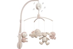 BO BABY'S ONLY Baby's Only - Giostrina musicale Animali per bebè - Con figure lavorate a maglia - Carillon con musica - Giostrina per bebè con musica - Per maschietti e femminucce - Old Pink/Warm Linen