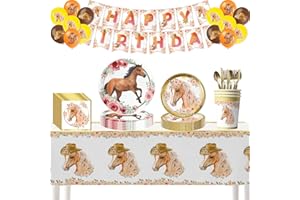 PIUMOJ Pferd Partygeschirr Set, Pferde Geburtstag Party Geschirr, Geburtstag Pferde Party Set, Pappteller, Tassen, Servietten, Banner, Pferd Party Geschirr Dekorationen für 10 Gäste