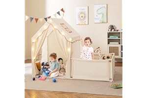 RELAX4LIFE 2 in 1 Tenda per Bambini con Parco Giochi, Porte, Finestre in Rete, Luci a Stella e Tappeto Lavabile in Cotone, Area Giochi da Interno per Bambini 3+ Anni (BEIGE)