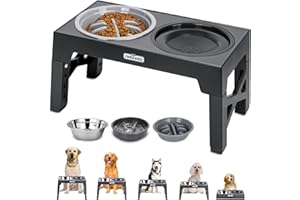Nobleza Raised Elevated Dog Bowl with Stand 5 Adjustable Heights Pet Food Water Bowl with 800ml Slow Feeder+1100ml Steel Steel+800ml Non Spill Pet Bowls Dog Feeding Station for Small Medium Large Dogs