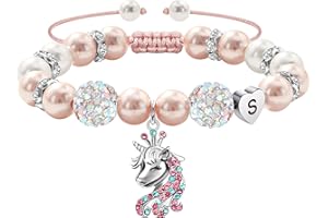 RMMD Einhorn Geschenke für Mädchen - Herz Anhänger Armband mit Initiale Rosa Perlen & Strass Geburtstagsgeschenk Einschulung Geschenke für Mädchen Tochter Kinder Schmuck 5-16 Jahre