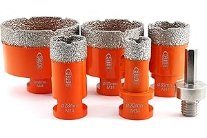 BGTEC - Set di 6 punte diamantate a secco, per piastrelle in porcellana, ceramica, marmo, mattoni, filettatura M14, diametro misto 20/28/35/55/68 mm, con 1 supporto esagonale M14