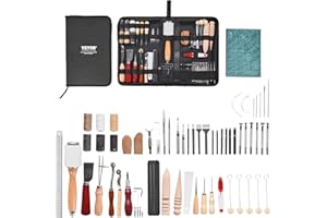 VEVOR Kit de travail du cuir, 59 pièces, outils d'artisanat du cuir avec sac de rangement en toile, pour gravure, poinçonnage, couture, estampage, découpe, pour débutants, bricoleurs et professionnels