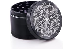 DCOU nuovo design premium in alluminio smerigliatrice erba 2,2 pollici 4 pezzi smerigliatrice metallica con collettore di polline con il modello di fiore laser (Margherita nera)