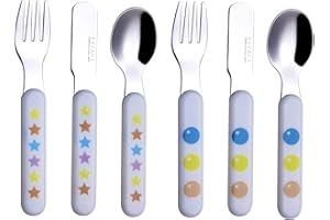 Exzact Cubiertos Infantiles 6 Piezas de Acero Inoxidable 18/10-2 x Tenedores, 2 x Cuchillos de Seguridad, 2 x cucharas, Mango de plástico, Cubertería Infantil sin BPA - Estrellas y Puntos