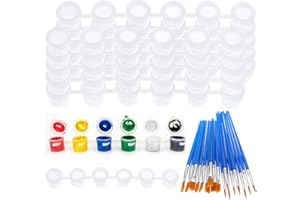 Prasacco 60 Pcs Empty Paint Pots Strips 3ml with 30 Pcs Paint Brushes Set, Clear Oils Paint Cups with Lid Acrylic Mini Paint Container Strips Kids Paint Brushes Set for Paintings Art School