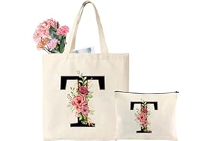 Tarklanda Borsa Iniziale Personalizzata, Borsa Tote in Tela con Iniziali, Tote Bag con Lettere e Fiori, Regali per Donna, Mamma, Amica, Regali per Natale, Compleanno, Festa della mamma (T)