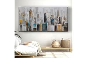 KADING Lienzo Abstracto Arte de Pared Enmarcado - Pintura Abstracta Ciudad de Nueva York Panorama Arte de Pared Dorado y Blanco Mural Sala de Estar Decoración 70x142cm(28x56in) Con Marco