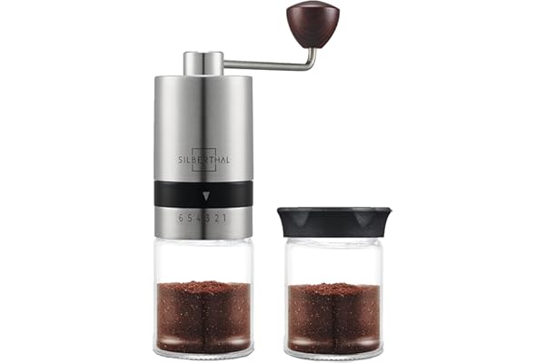 SILBERTHAL Moulin A Café Manuel - Acier INOX - 6 Niveaux Réglables - Broyeur Portable Grains De Café - avec Récipient De Stockage Et Brosse de Nettoyage