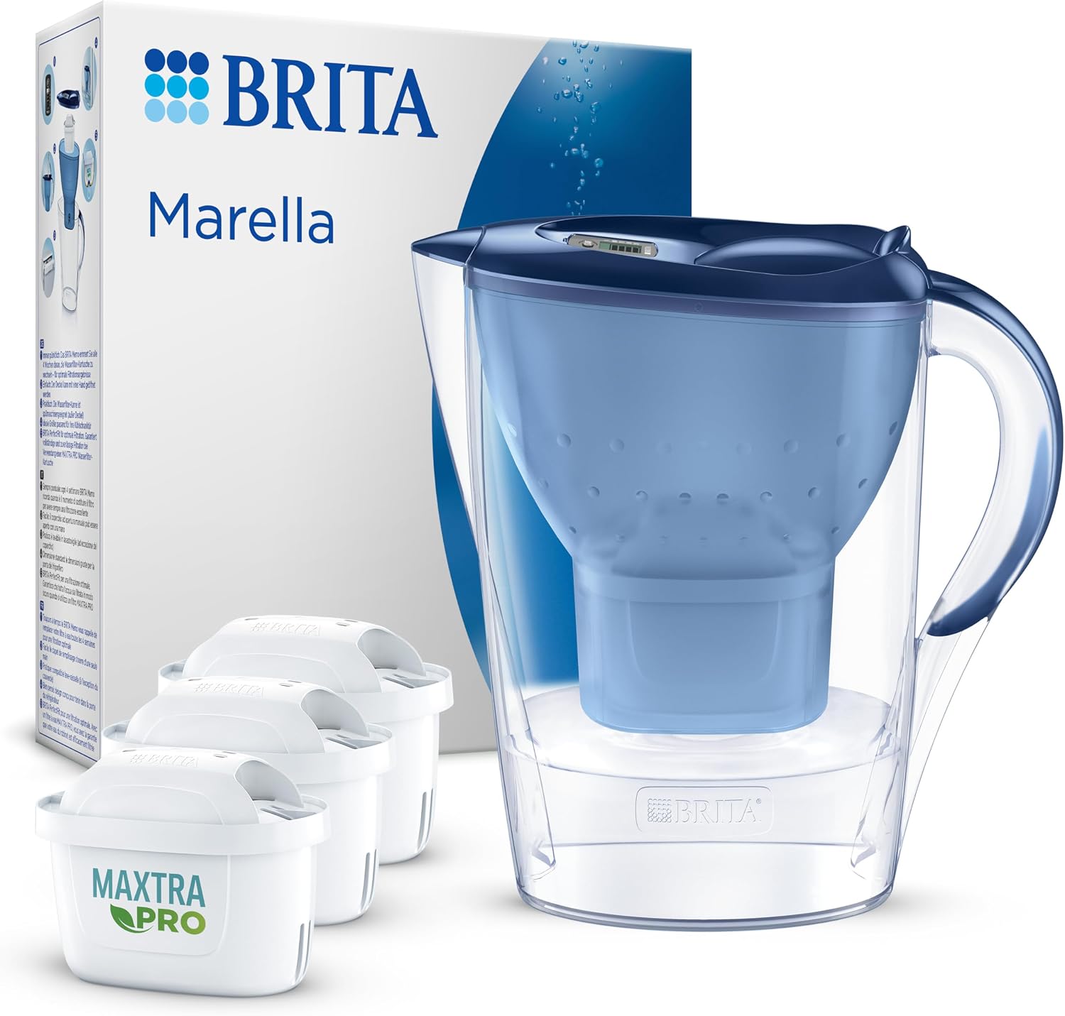 BRITA Carafe Filtrante Marella Cool - 2.4L Bleu + 3 Filtres MAXTRA PRO – (SIOC) Emballage durable, compatible porte de réfrigérateur, réduit calcaire & chlore, passe au lave-vaisselle