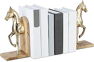 Relaxdays Set da 2 Fermalibri, Forma di Cavallo, Supporto Decorativo Reggi Libri, 26,5 x 9 x 13 cm, Legno, Naturale Oro