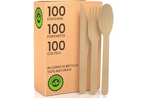 BACIATO CAFFÈ Set Posate Ecologiche in Legno di Betulla 100 Forchette + 100 Coltelli + 100 Cucchiai - Monouso 100% Naturali Biodegradabili e Compostabili Usa e Getta