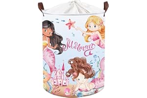 Clastyle 45L Cesta Ropa Sucia Princesa Sirena Rosa Castillo Cestos Almacenaje Juguetes Plegable Redonda para Habitación Chicas, 36x45 cm