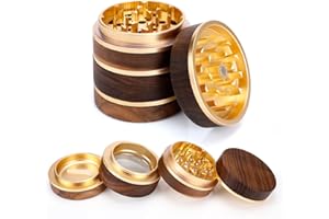 Brynnl Molinillo de especias de madera 4 en 1, molinillo de tamiz manual compacto de 2,5 pulgadas con tapa magnética, mini molinillo de metal de aleación de aluminio con recogedor de polen (Gold)